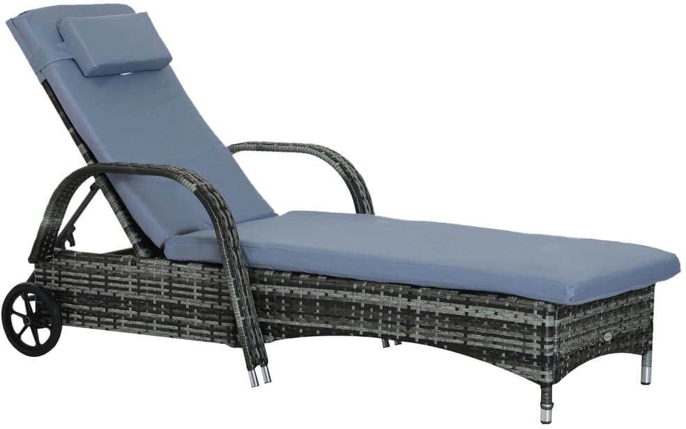 Outsunny Grey UV Protected Plastic Rattan Lounge Chair Recliner with Blue Grey Cushion