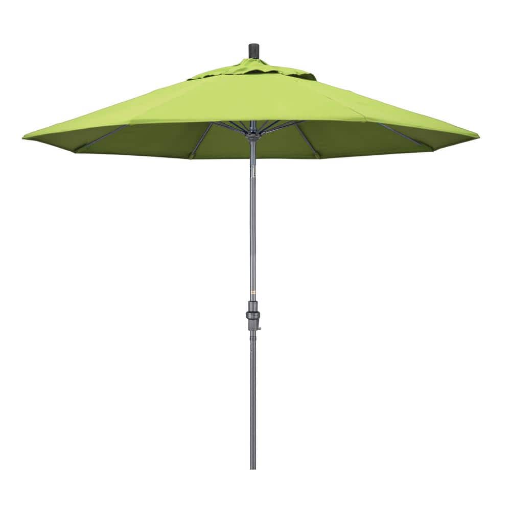California Umbrella 9 ft. Hammertone Grey Aluminum Market Patio Umbrella with Collar Tilt Crank Lift in Parrot Sunbrella