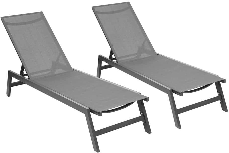 Cesicia 2-Piece Gray Metal Patio Outdoor Chaise Lounge Chairs with Five-Position Adjustable Aluminum Recliner