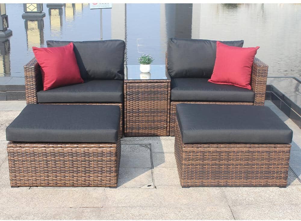 BTMWAY 5-Piece Resin Wicker Patio Conversation Set Outdoor Patio Furniture Set with Black Cushion, Red Pillow, Protection Cover