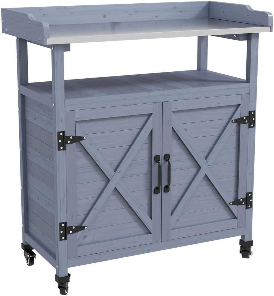 Outsunny Outdoor Potting Bench, Wooden Potting Table with Storage Cabinet, Aluminum Table Top, Gray