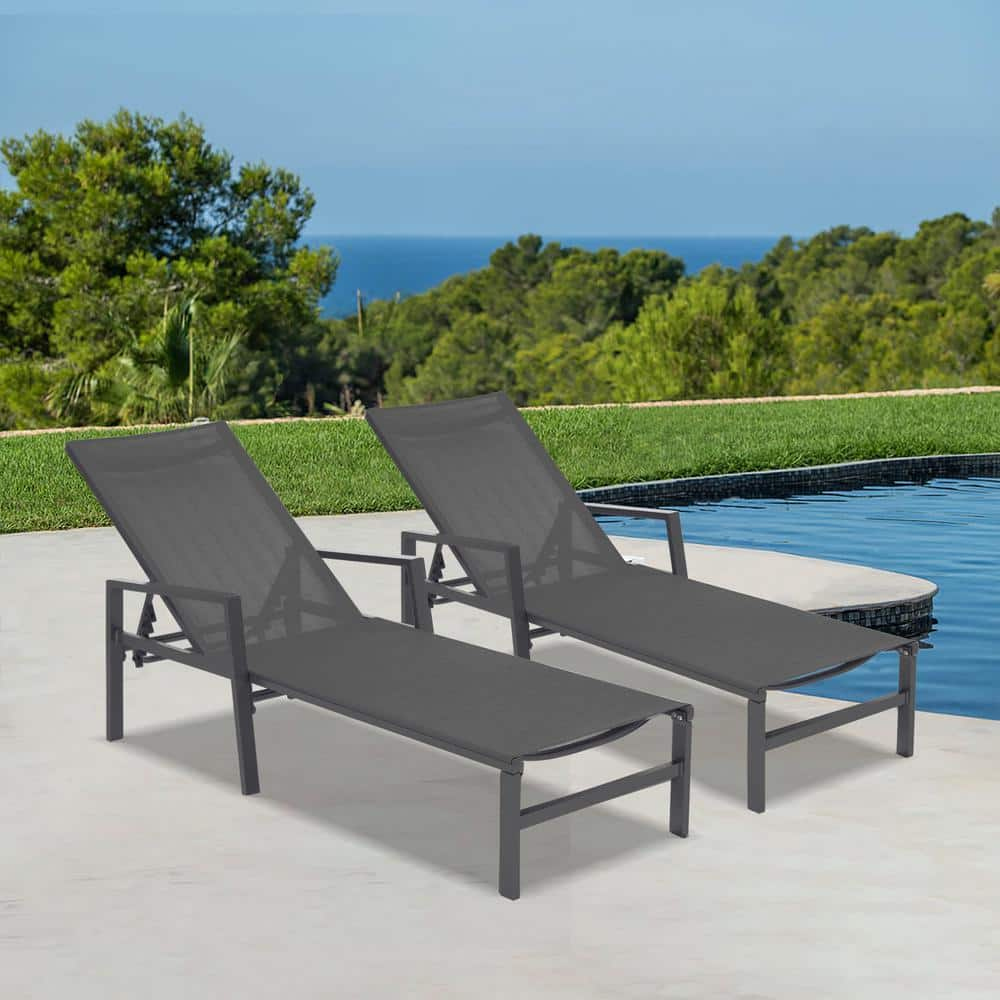 Afoxsos 2-Pieces Set Aluminum Outdoor Chaise Lounge Chairs, 5-Position Adjustable Recliner, Gray Frame/Gray Fabric