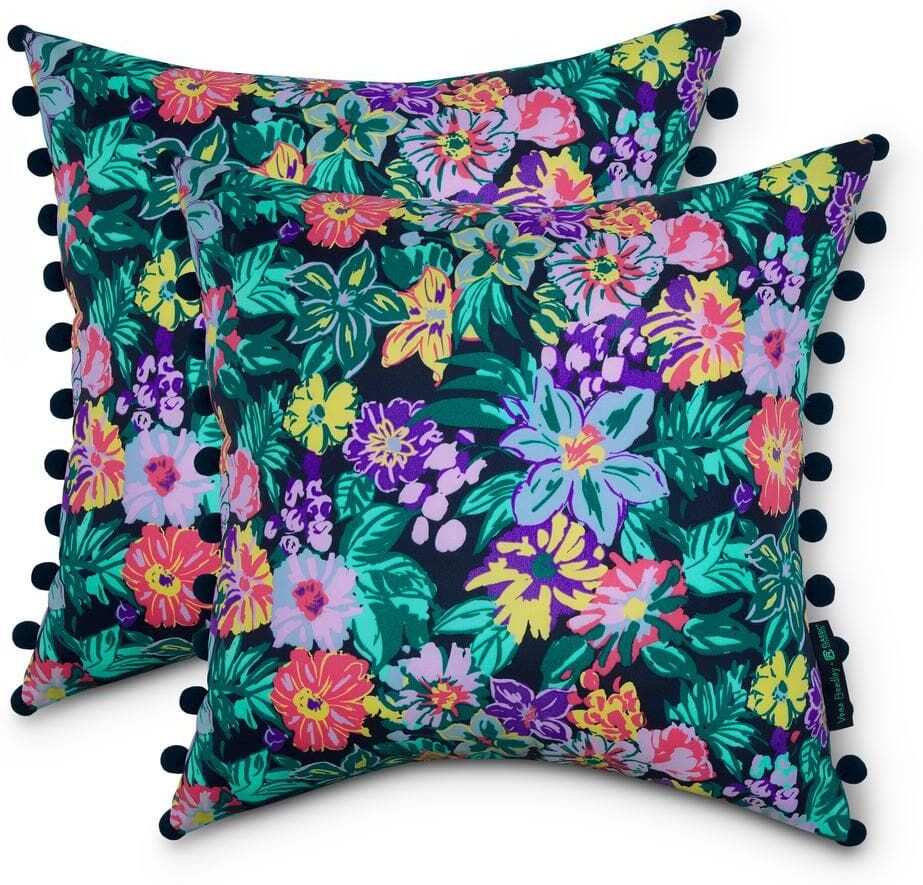 Classic Accessories Vera Bradley 18 in. L x 18 in. W x 8 in. D Outdoor Accent Throw Pillows with Poms in Happy Blooms (2-Pack)