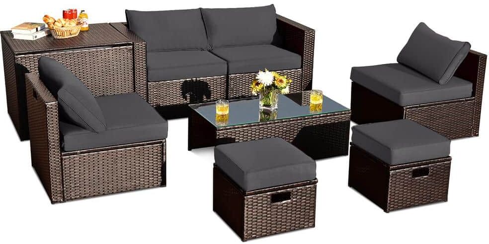 Costway 8-Piece Patio Rattan Furniture Set Space-Saving Storage Cushion Grey Cover