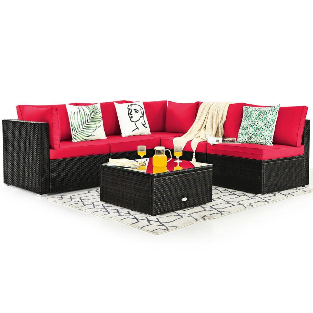Costway 6-Piece Rattan Patio Furniture Set Cushioned Sofa Coffee Table Garden in Red Cushion