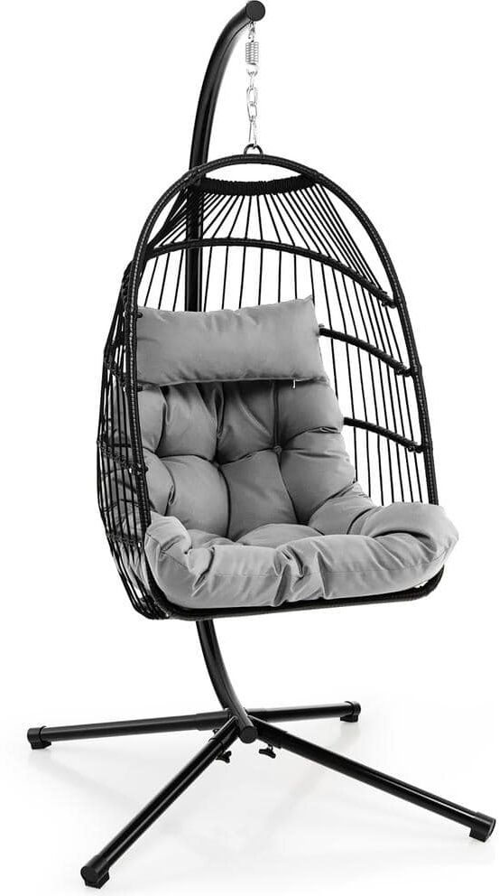 Costway Metal Hanging Egg Chair Patio Swing with Stand Waterproof Cover Folding Basket Grey Cushions