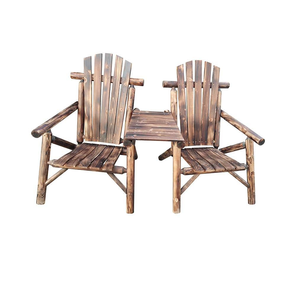 Wood Outdoor Antique Porch Loveseat With Tray-Table, Double Adirondack Chair for Garden Balcony Patio Backyard In Coffee