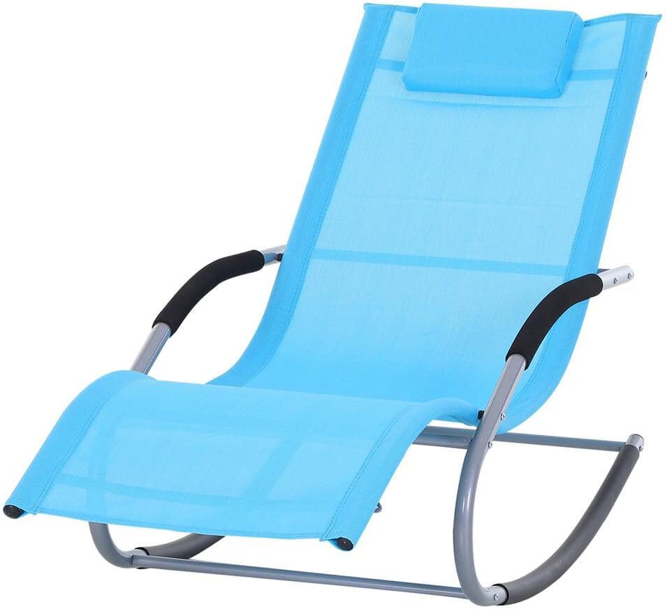 Outsunny Chaise Rocker Patio Steel Sling Outdoor Lounge Chair Recliner in Blue with Detachable Pillow and Weather-Fighting Fabric