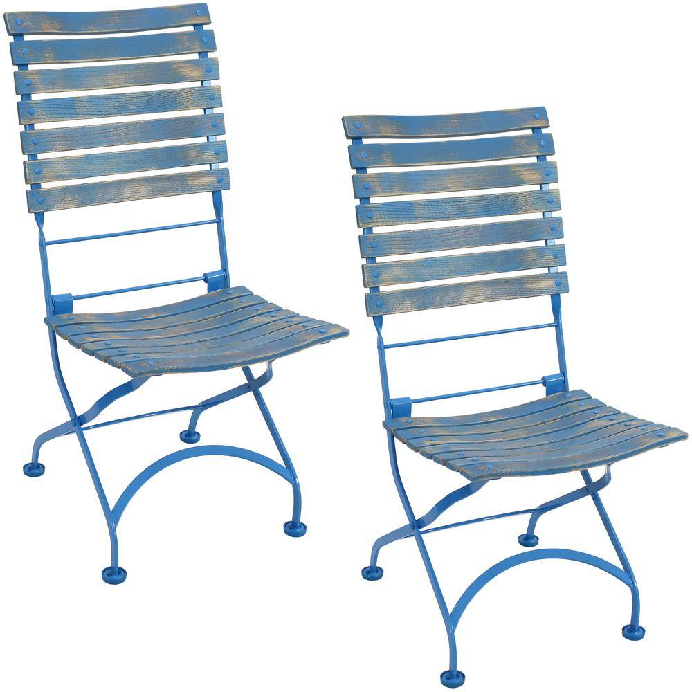 Sunnydaze Decor Cafe Couleur Folding Chestnut Blue Wooden Outdoor Folding Dining Chair (Set of 2)