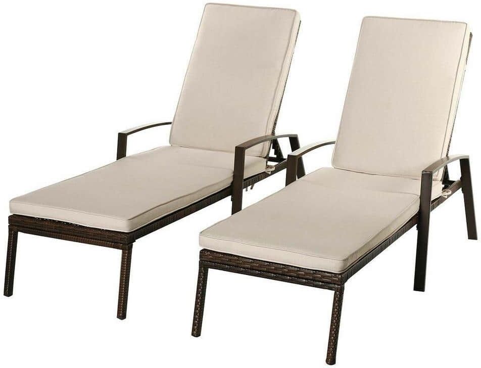 Costway Adjustable Rattan Chaise Recliner Patio Lounge Chair with White Cushions (2-Piece)