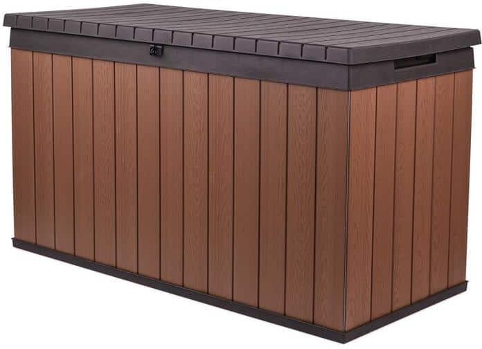 Keter Darwin 150 Gal. Large Resin Deck Box for Patio Garden Furniture, Outdoor Storage Container, Brown