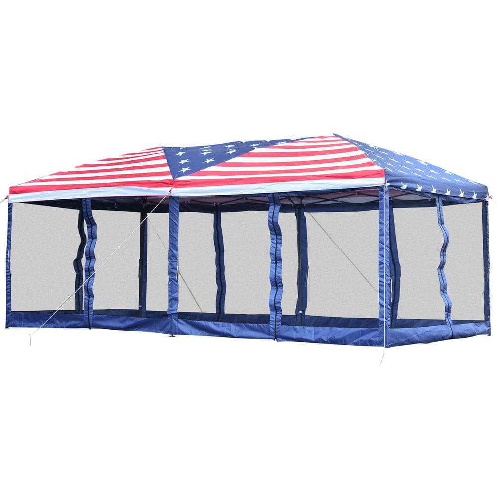 Outsunny 10 ft. x 20 ft. American Flag Print Pop Up Party Tent Gazebo Wedding Canopy with Removable Mesh Sidewalls