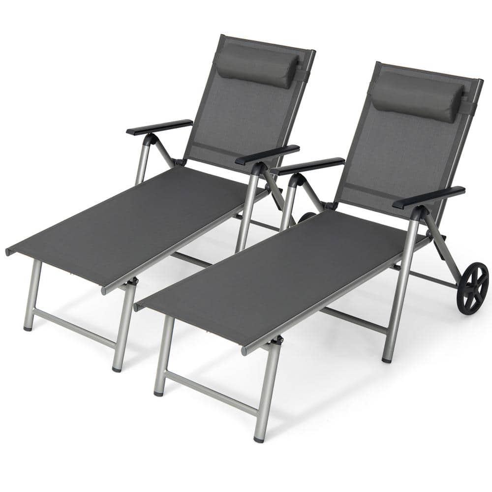 Costway 2-Piece Folding Chaise Lounge Chair Aluminum Recliner Back Adjust Wheels