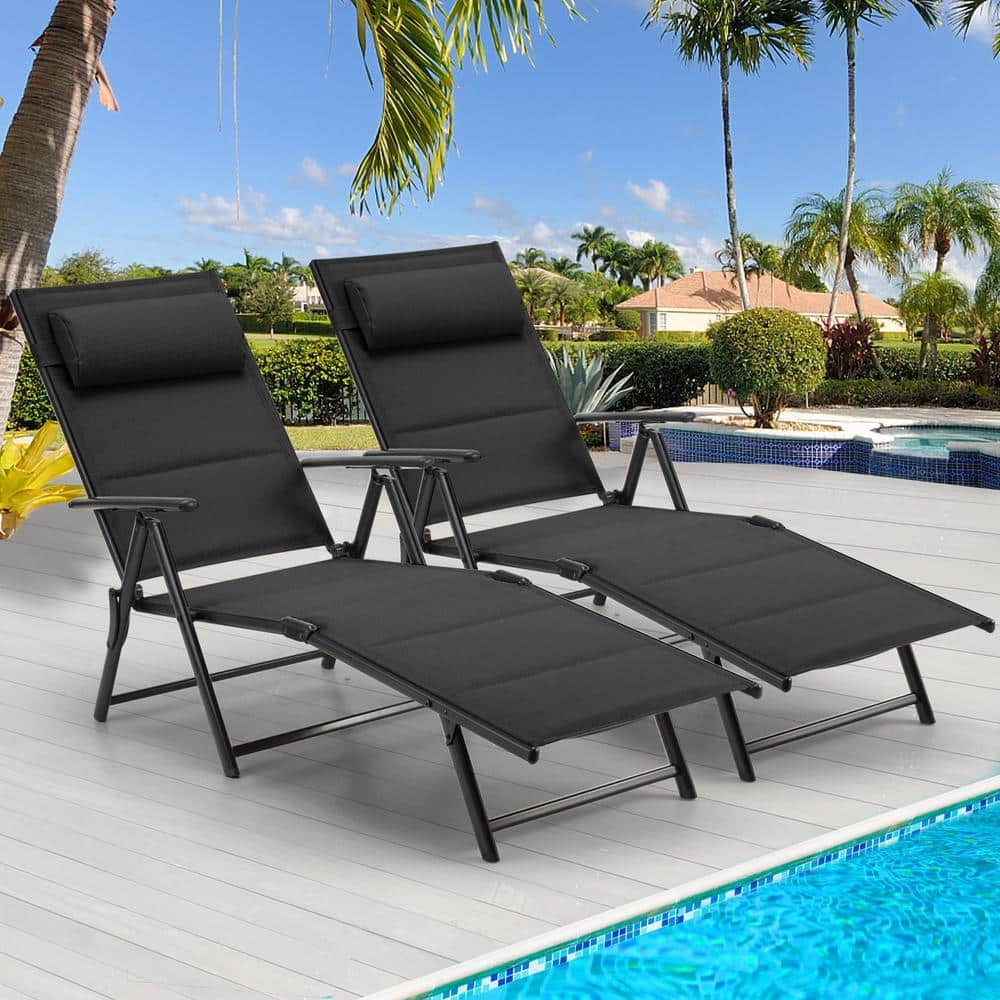 Cesicia 2 Pcs Metal Outdoor Black Folding Reclining Adjustable Chaise Lounge Chair with 7-Position Adjustable Backrest
