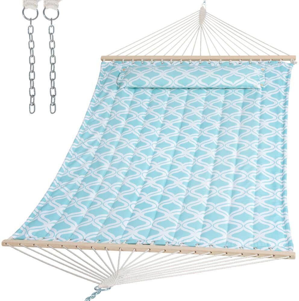 Atesun Double Hammock Quilted Fabric Swing with Spreader Bar, Detachable Pillow, 55" x 79" Large Hammock, Baby Blue