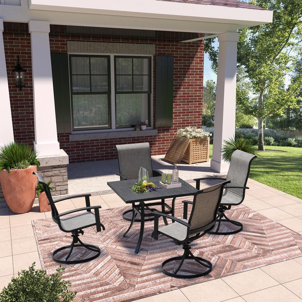 Clihome 5-Piece Gray Iron Removable Teslin Swivel Chair and Table Outdoor Dining Set