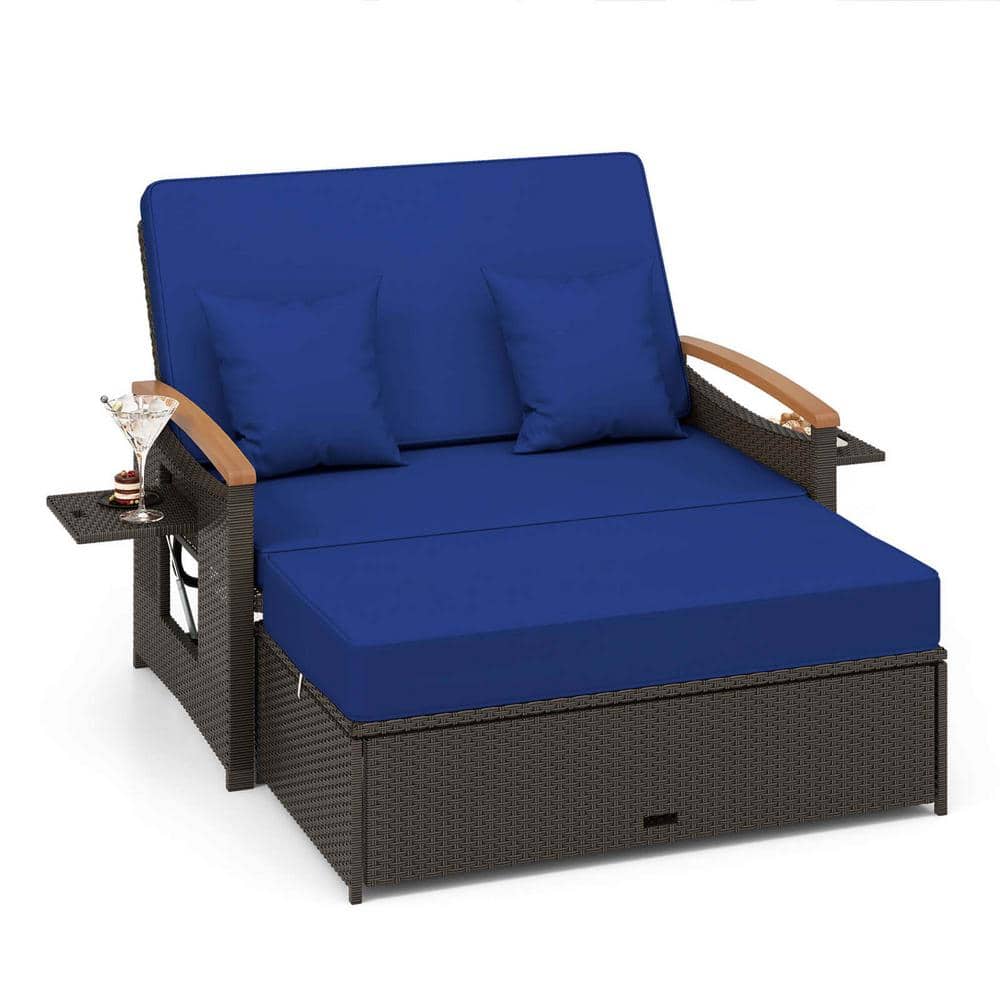 Costway 2-Piece Wicker Outdoor Day Bed Set with Cushioned Loveseat and Storage Ottoman for Porch with Navy Cushions