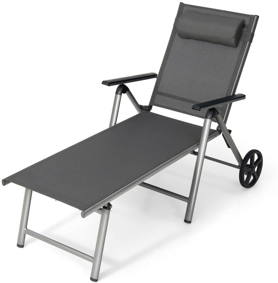 Costway Patio Folding Chaise Lounge Chair Aluminum Recliner Back Adjust Wheels