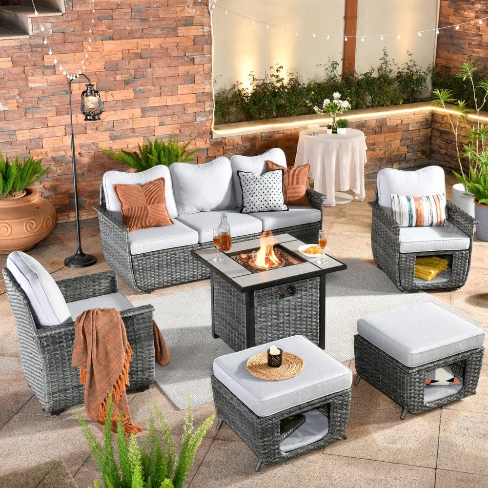 HOOOWOOO Echo Black 6-Piece Wicker Multi-Functional Patio Conversation Sofa Set with a Fire Pit and Light Grey Cushions