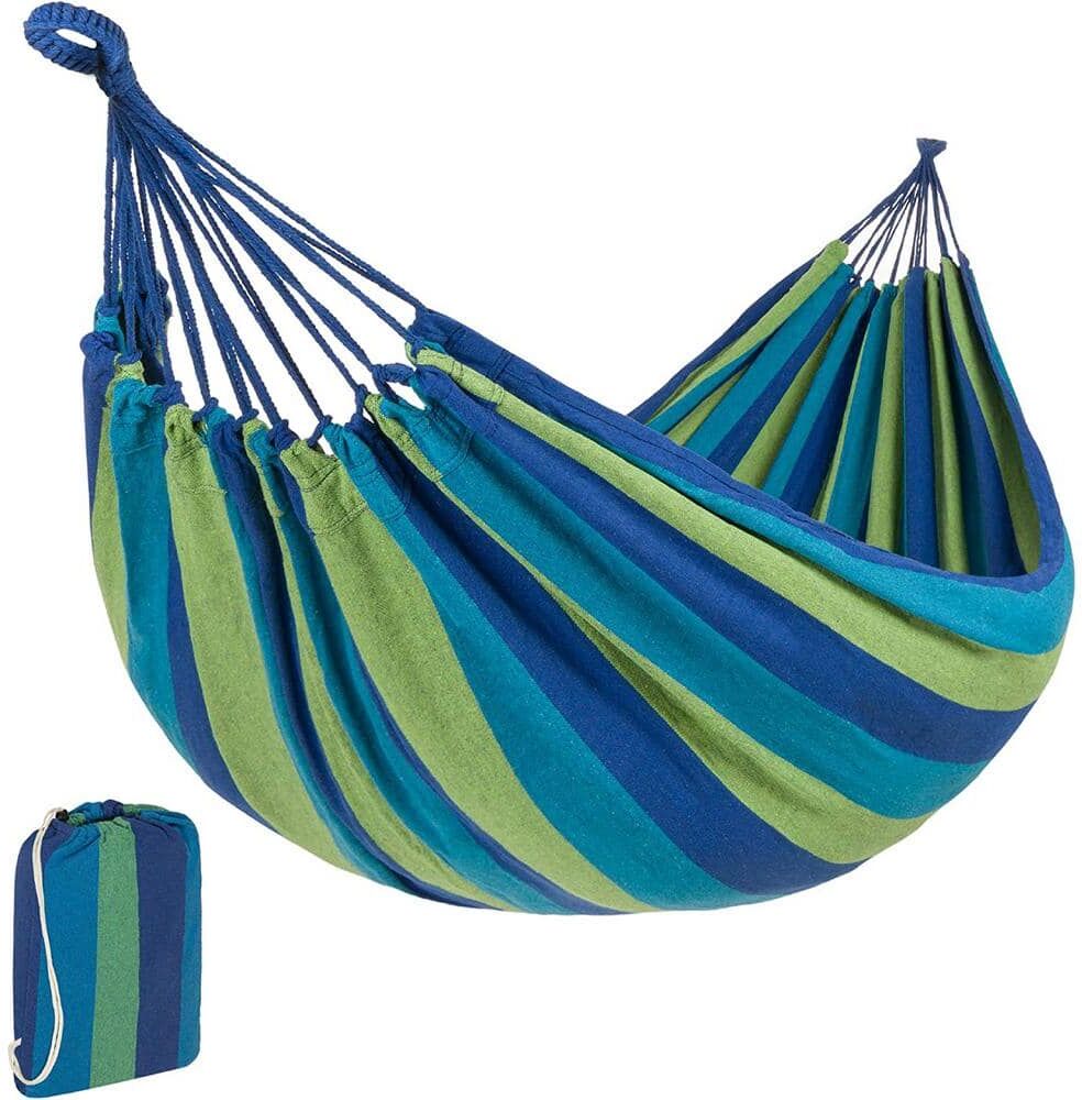 8 ft. 2-Person Indoor Outdoor Brazilian-Style Cotton Double Hammock Bed w/Portable Carrying Bag - Blue