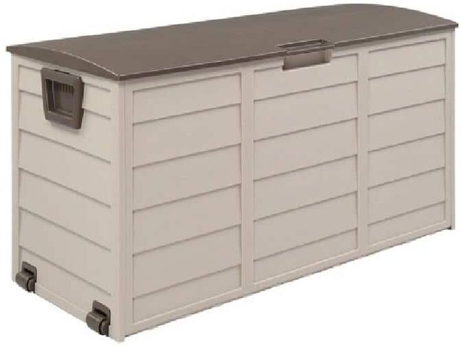 ITOPFOX 75 Gal. Plastic Outdoor Garden Storage Deck Box Chest Tools Cushions Toys Lockable Seat with Wheels in Light Brown