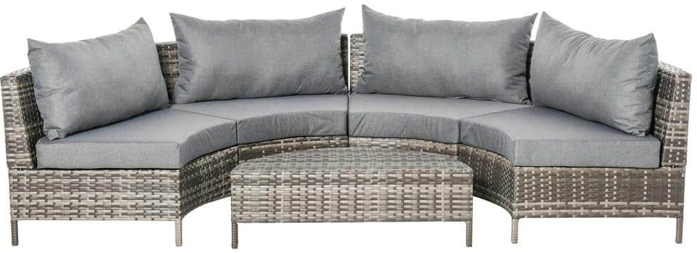 Outsunny Grey 5-Piece Steel Plastic Rattan Outdoor Couch Set with Grey Cushions and Half-Moon Design