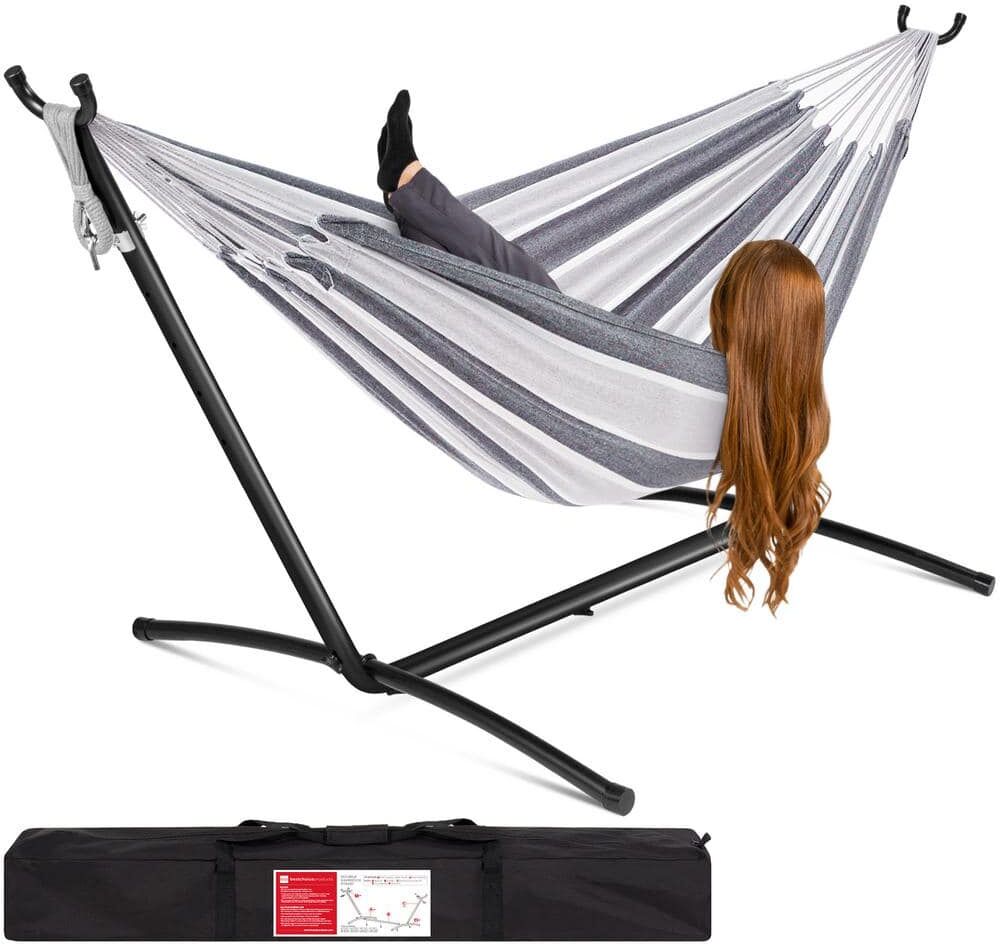 Best Choice Products 9.5 ft. 2-Person Brazilian-Style Cotton Double Hammock Bed with Stand Set with Carrying Bag in Steel