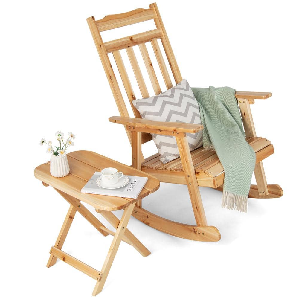 Costway 2-Piece Patio Wooden Rocking Chair Bistro Set High Backrest with Folding Side Table