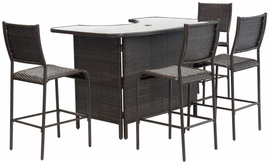 Williamsport Brown 5-Piece Wicker Outdoor Serving Bar Set