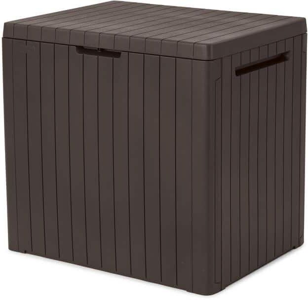 Keter City Box 30 Gal. Compact Durable Resin Plastic Deck Box Outdoor Storage For Patio Lawn and Garden, Brown