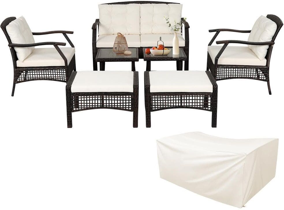 Costway 7-Pieces Wicker Patio Conversation Set Sofas Loveseat Yard with Waterproof Cover and White Cushions