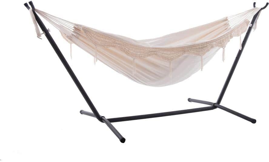 Vivere 9 ft. Cotton Double Hammock with Stand in Natural with Fringe