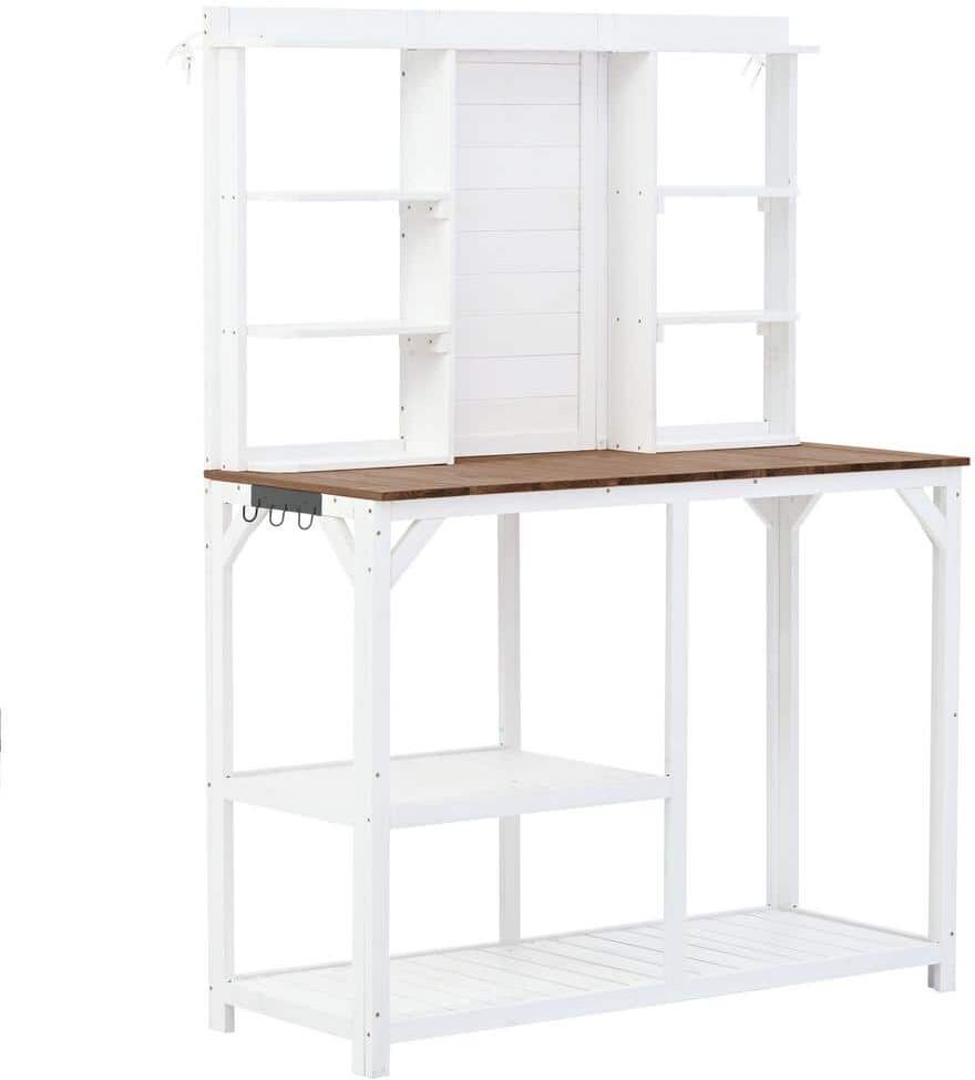 47.2 in. W x 64.6 in. H Gardening Workbench Outdoor Potting Table with Shelves and Hooks, White