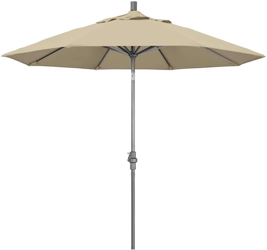 California Umbrella 9 ft. Hammertone Grey Aluminum Market Patio Umbrella with Collar Tilt Crank Lift in Antique Beige Sunbrella