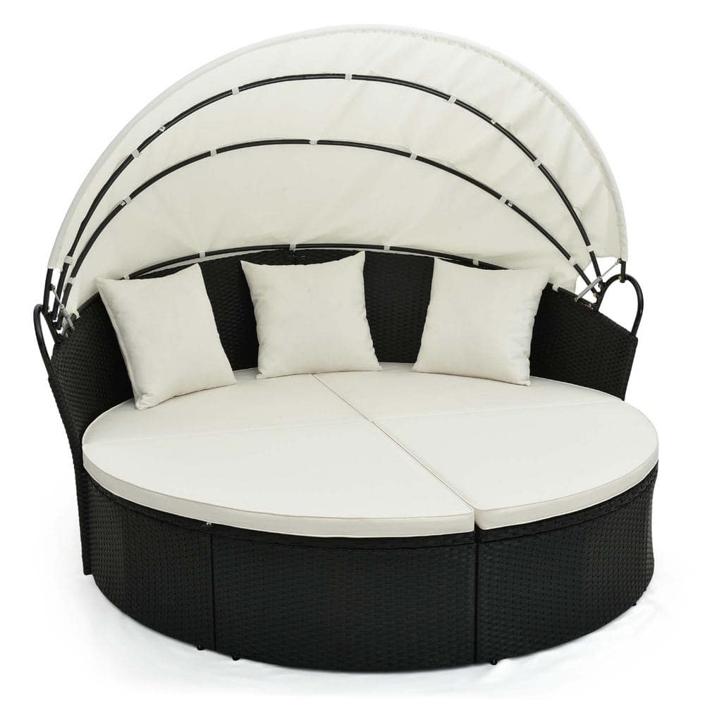 Costway Wicker Patio Round Daybed Outdoor Day Bed with Retractable Canopy Rattan Sectional Seating Off White Cushions