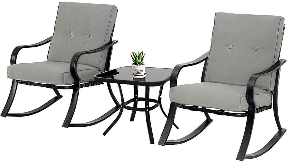 3-Pieces Wicker Outdoor Rocking Chair Bistro Conversation Set with Gray Cushions