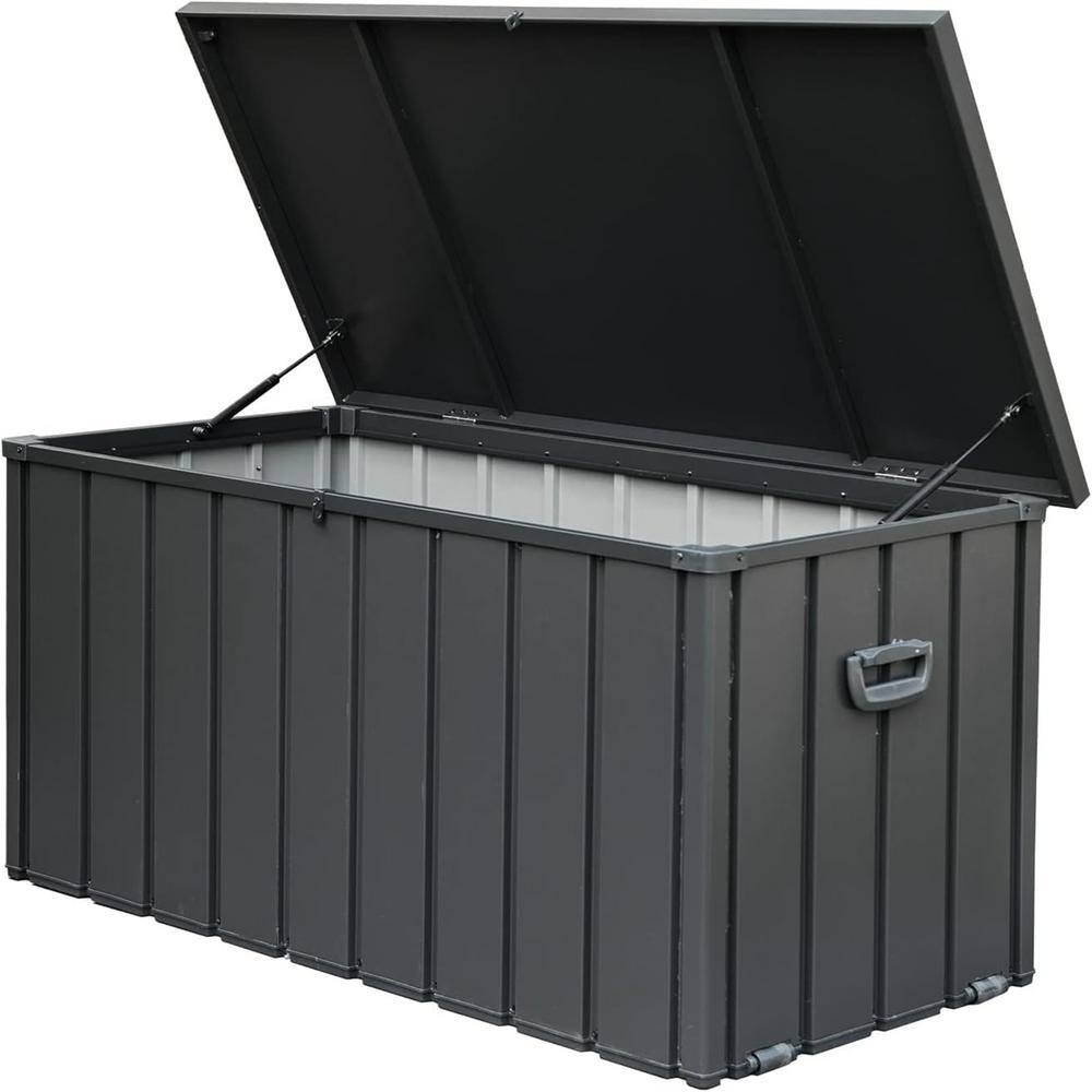 Zeus & Ruta 100 Gal. Dark Gray Steel Style Deck Box Waterproof for Large Patio Storage Bin for Outside Cushions, Garden Tools