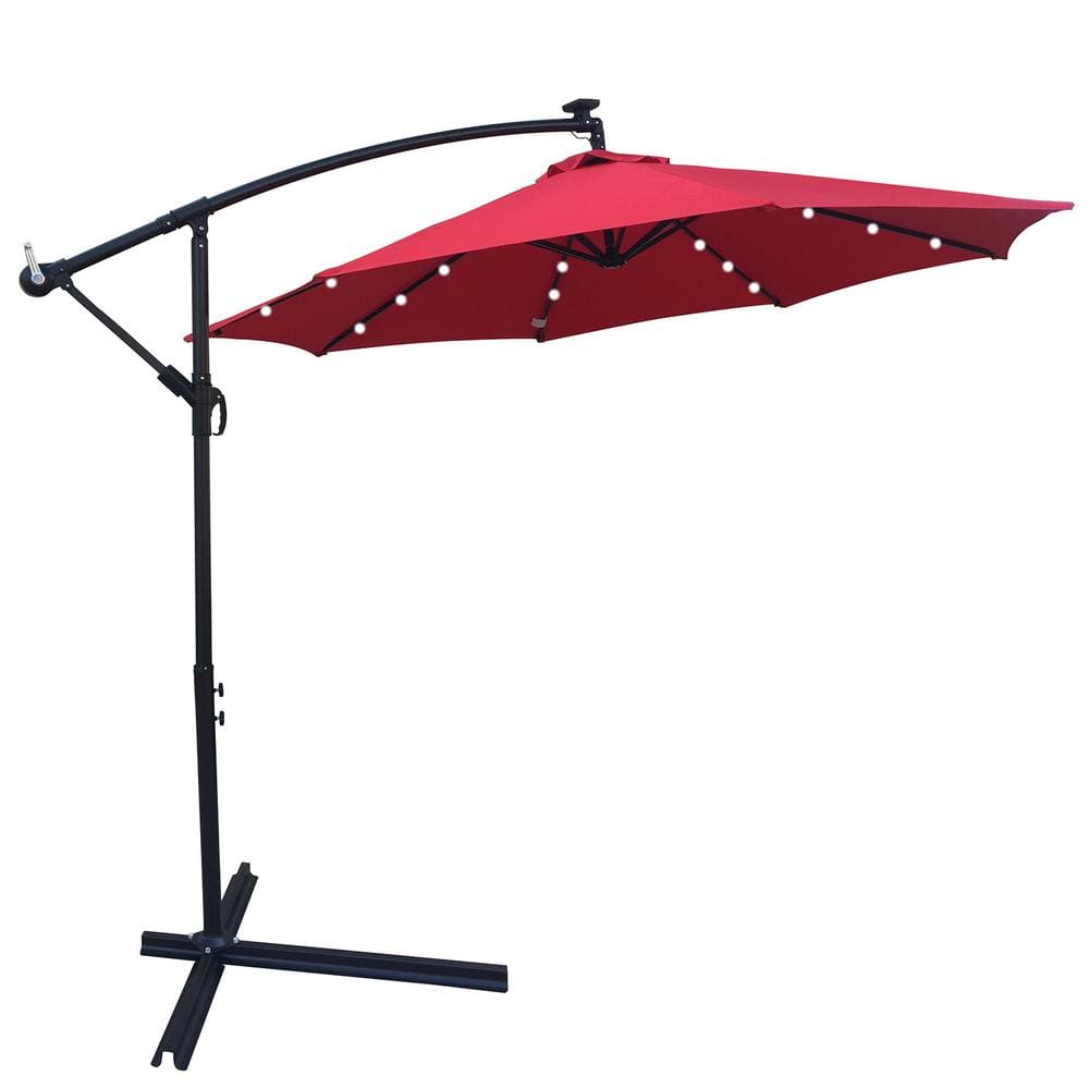 10 ft. Solar LED Steel Cantilever Outdoor Patio Umbrella in Red with Crank and Cross Base
