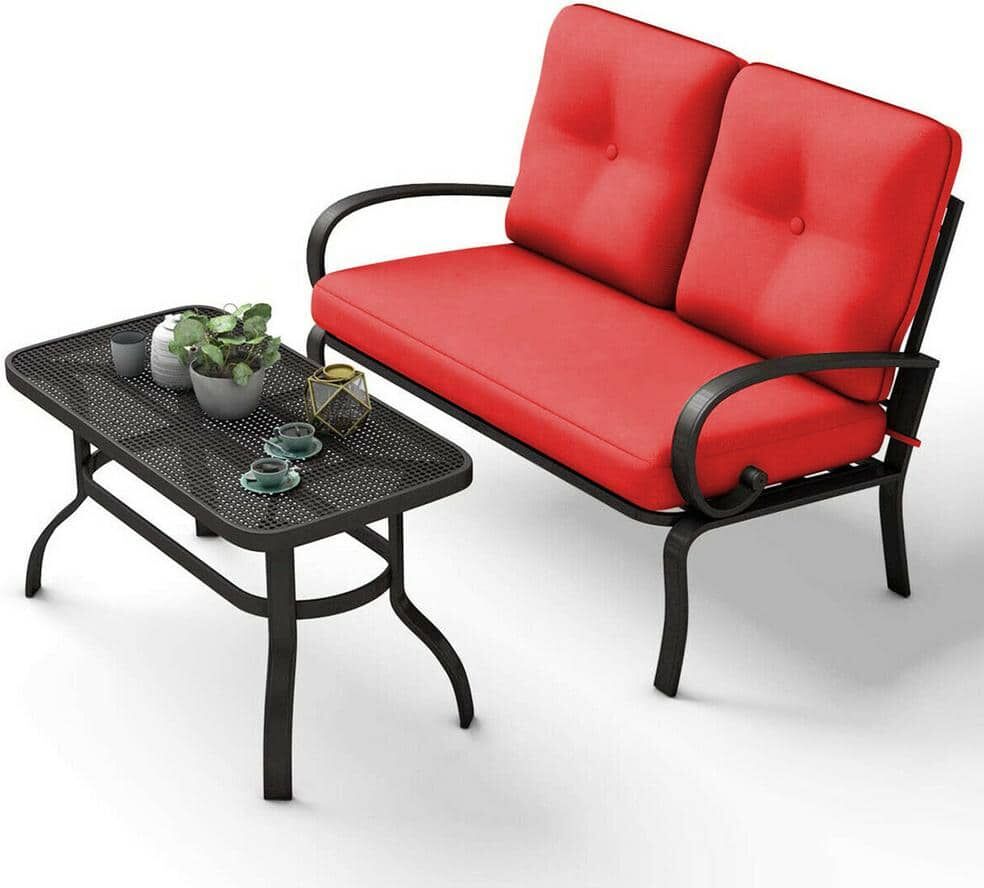 Gymax 2-Piece Metal Outdoor Patio Fabric Loveseat and Table Set Outdoor Furniture Set Yard Garden with Red Cushion