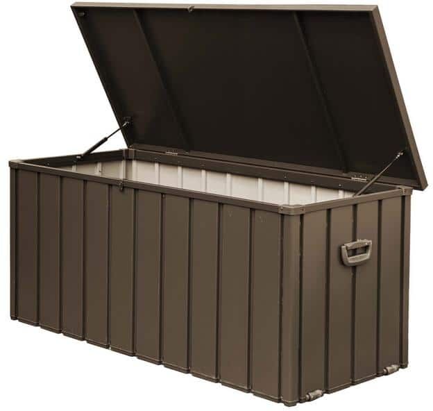 Zeus & Ruta 120 Gal. Dark Brown Steel Style Lockable Deck Box Waterproof, Large Patio Storage Bin for Outside Cushions, Garden Tools