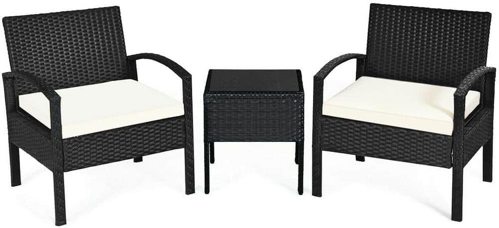 Costway Black 3-Piece Rattan Wicker Patio Conversation Set Backyard Garden Seating Furniture with Off White Cushions