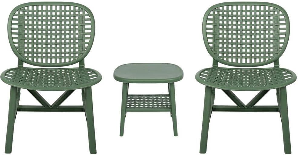 URTR Green 3-Piece Hollow Design Plastic Patio Rectangle Table and Chair Set All Weather Outdoor Bistro Set Conversation Set