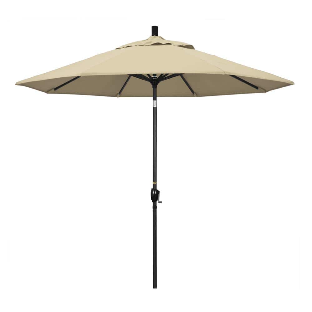 California Umbrella 9 ft. Black Aluminum Pole Market Aluminum Ribs Push Tilt Crank Lift Patio Umbrella in Antique Beige Sunbrella