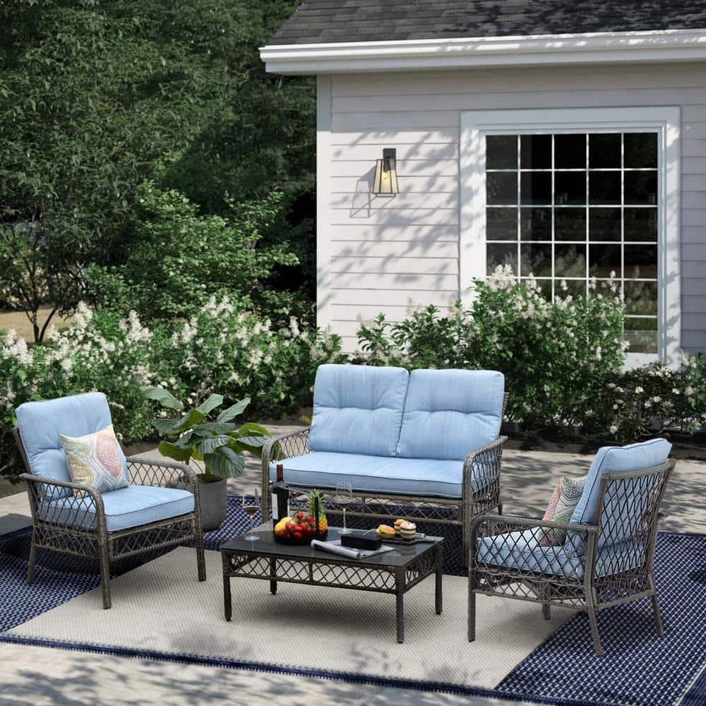Runesay Retro 4-Piece Metal Outdoor Hollow-Out Patio Conversation Set Seating Group with Blue Cushions