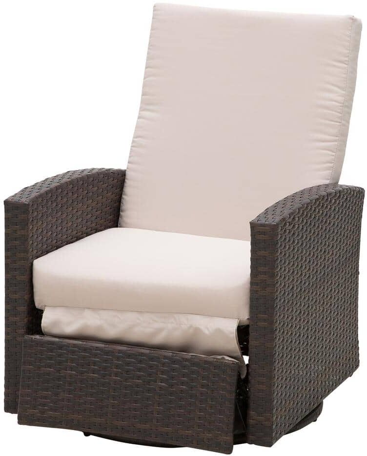 Outsunny Plastic Rattan Swivel Outdoor Recliner Lounge Chair with Light Beige Cushions Water/UV Fighting Material and Comfort