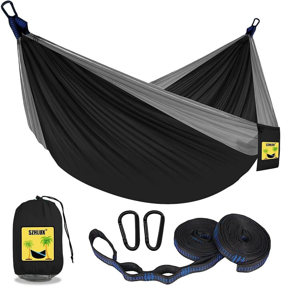 ITOPFOX 8.8 ft. Double and Single Medium Portable Hammock with Storage Bag, 2 10-ft. Talon Straps in Black and Gray