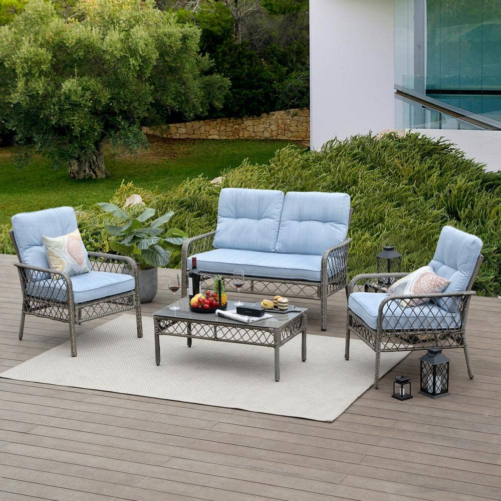 Cesicia 4-Piece Metal Outdoor Hollow-Out Patio Conversation Set Seating Group with Blue Cushions