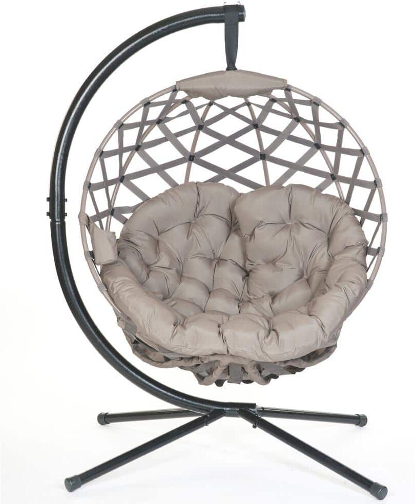 ITOPFOX Outdoor Beige Modern Hanging Ball Chair with Cushion and C Type Bracket