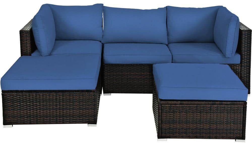 ANGELES HOME 5-Piece Wicker Rattan Patio Conversation Set with Navy Cushion and Ottoman