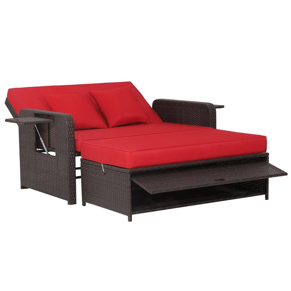 Costway Wicker Outdoor Day Bed with Retractable Top Canopy Side Tables and Red Cushions